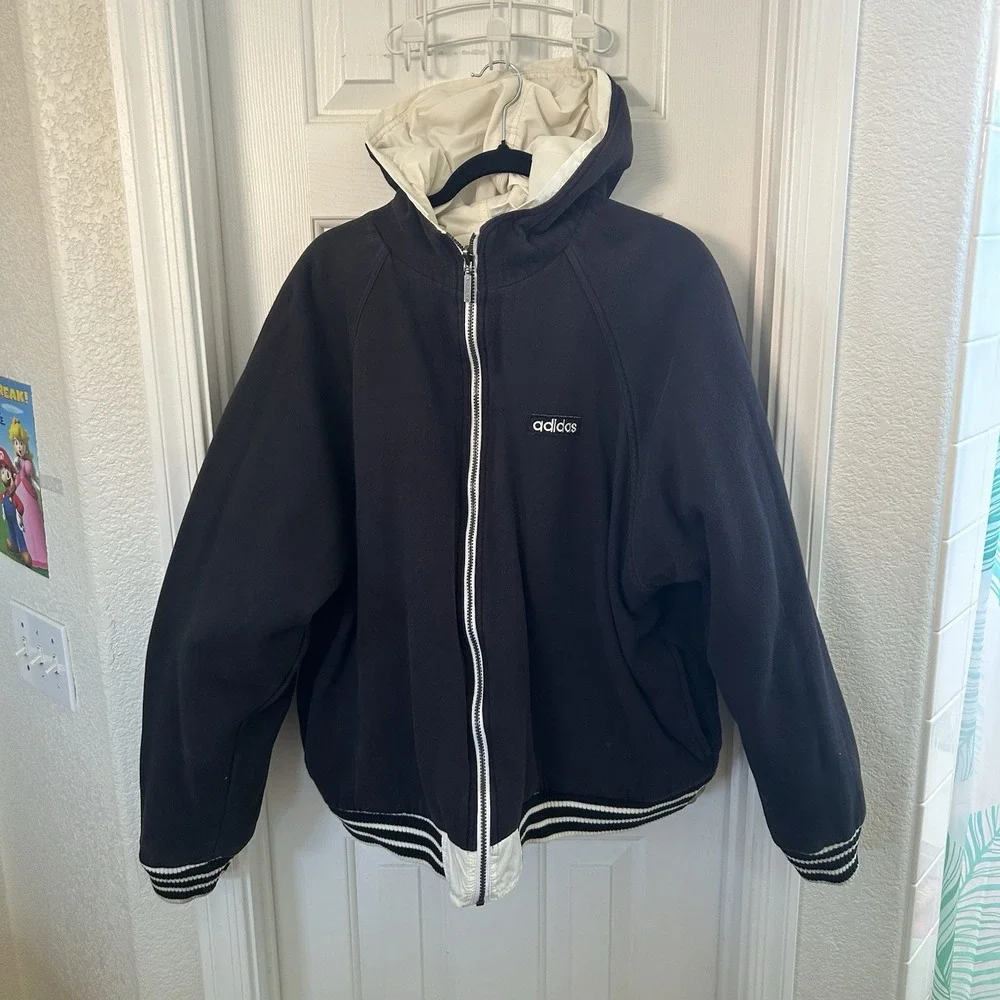 Vintage Y2K Adidas Men's Reversible Hooded Puffer Jacket XXL Retro White‎ Black
